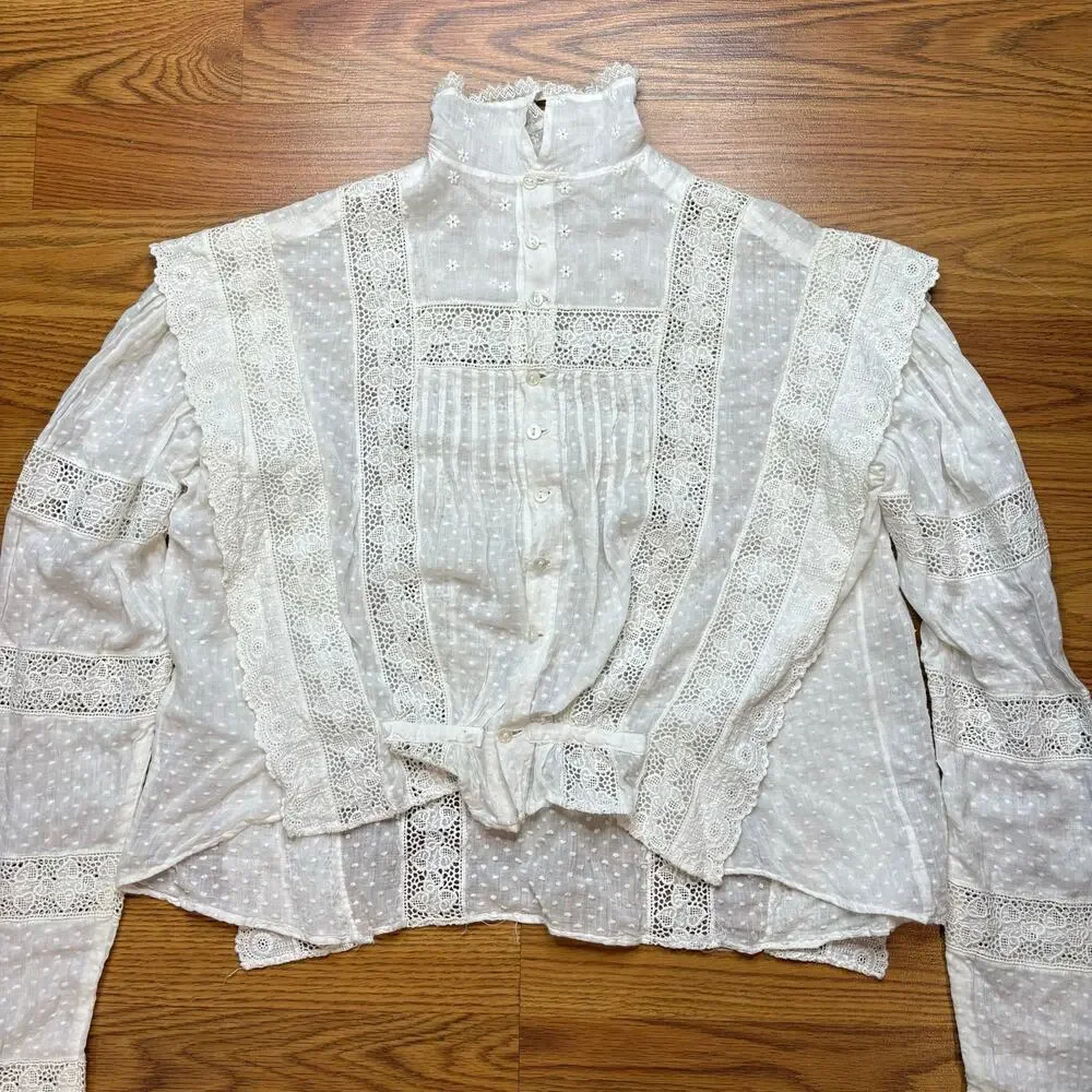 Antique Victorian Blouse White Lace Edwardian Puff Sleeve Cropped S Swiss Dot